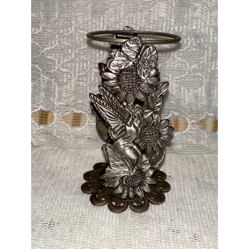 Vintage fairy  Sunflower Candle Holder Silver Tone‎ Metal Tabletop Decor